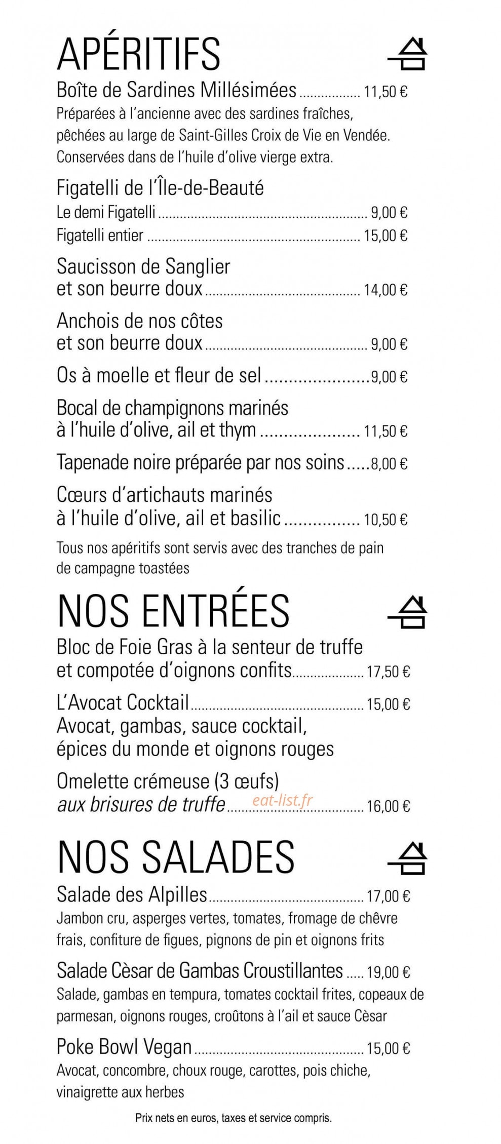 Carte et menu de Le café de la fontaine à Maussanne les Alpilles — Les apéritifs, entrées et salades