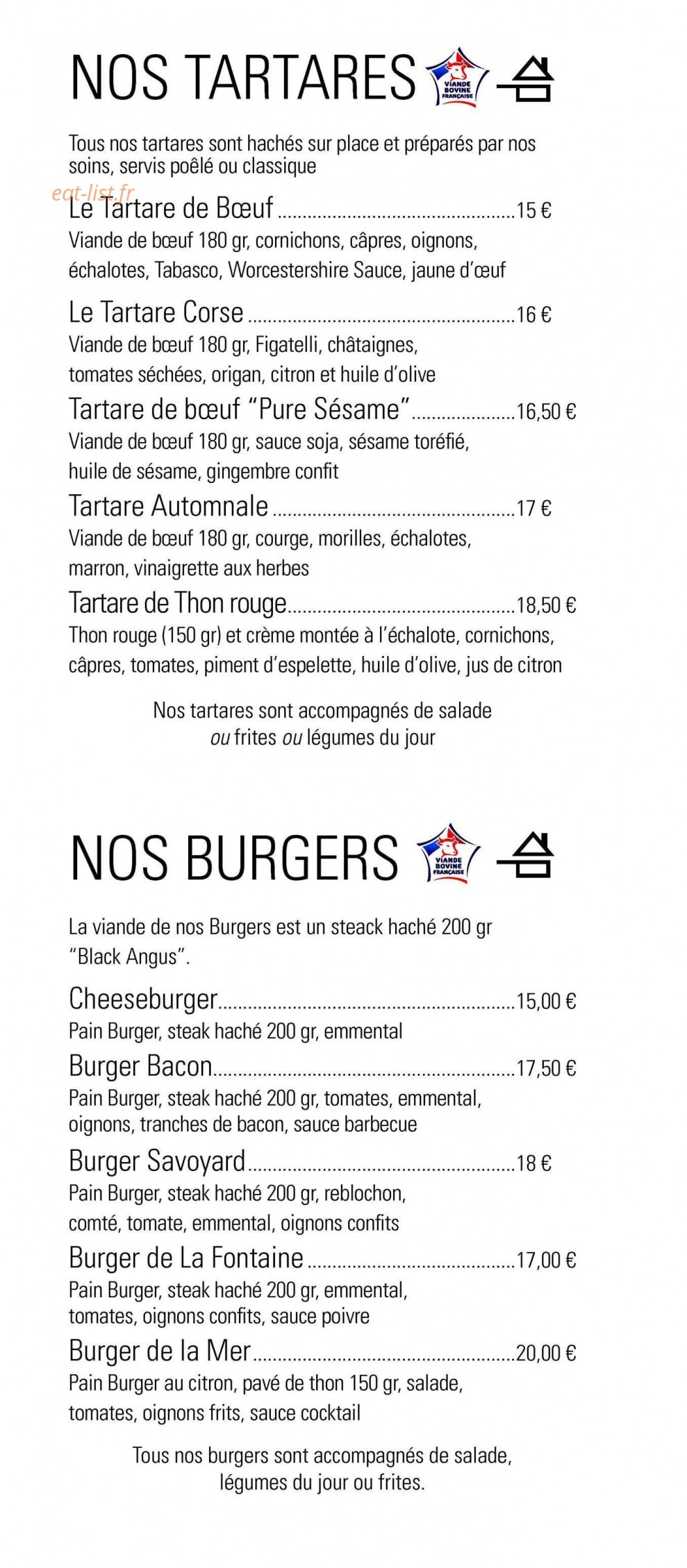 Carte et menu de Le café de la fontaine à Maussanne les Alpilles — Les tartares et burgers