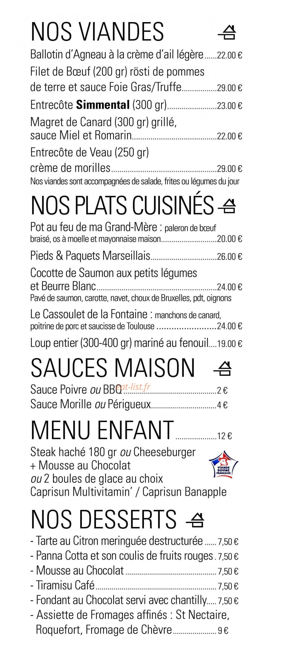 Carte et menu de Le café de la fontaine à Maussanne les Alpilles — Les viandes, plats, sauces...