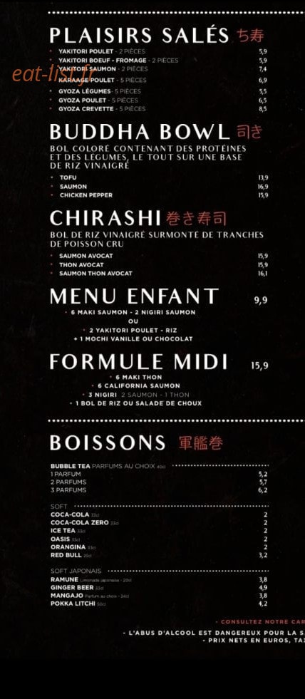 Carte et menu de O-Sushi à Maussanne les Alpilles — Les plaisirs salés, boissons, ...