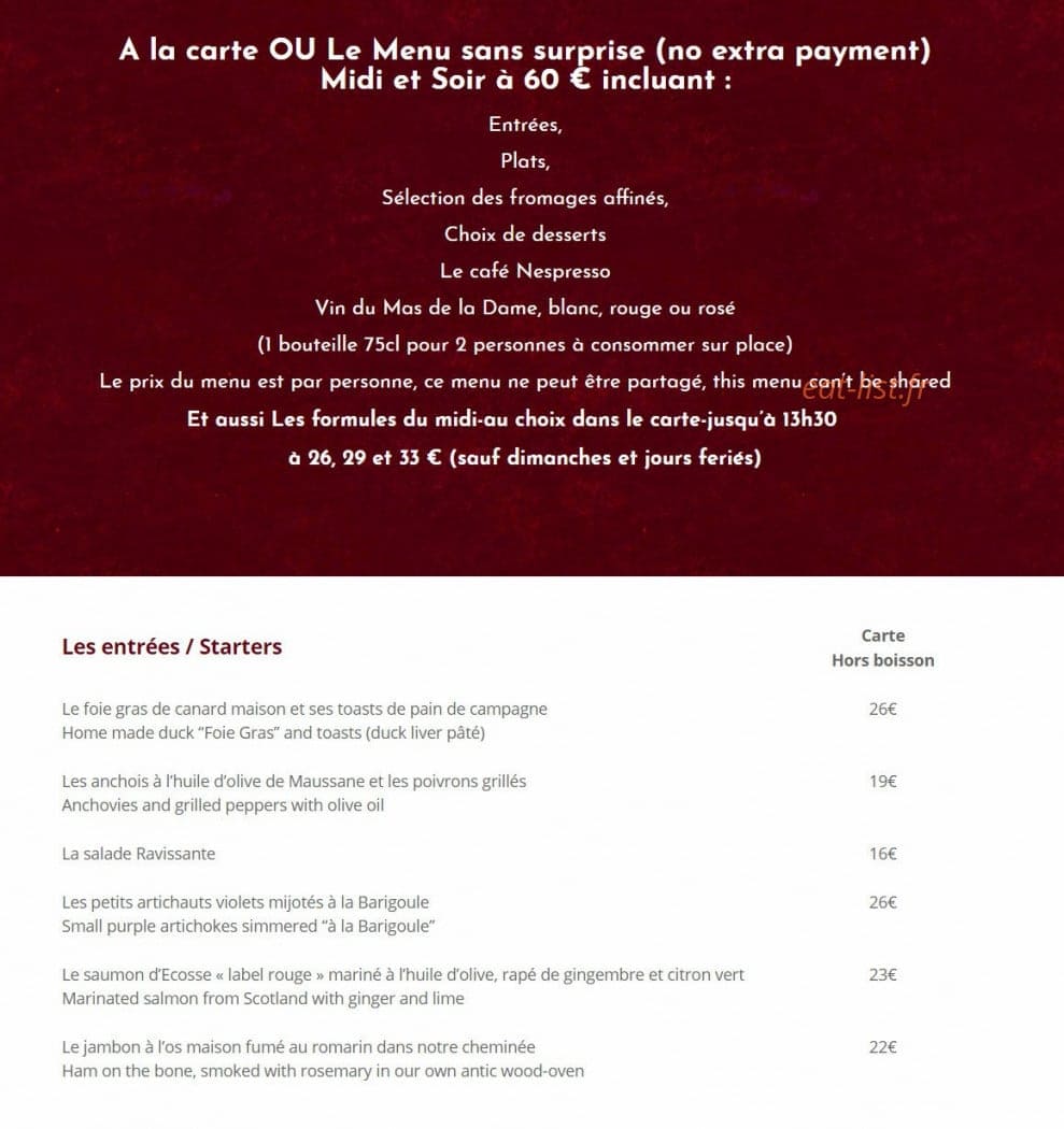 Carte et menu de Ou Ravi Prouvencau à Maussanne les Alpilles — Le menu et entrées