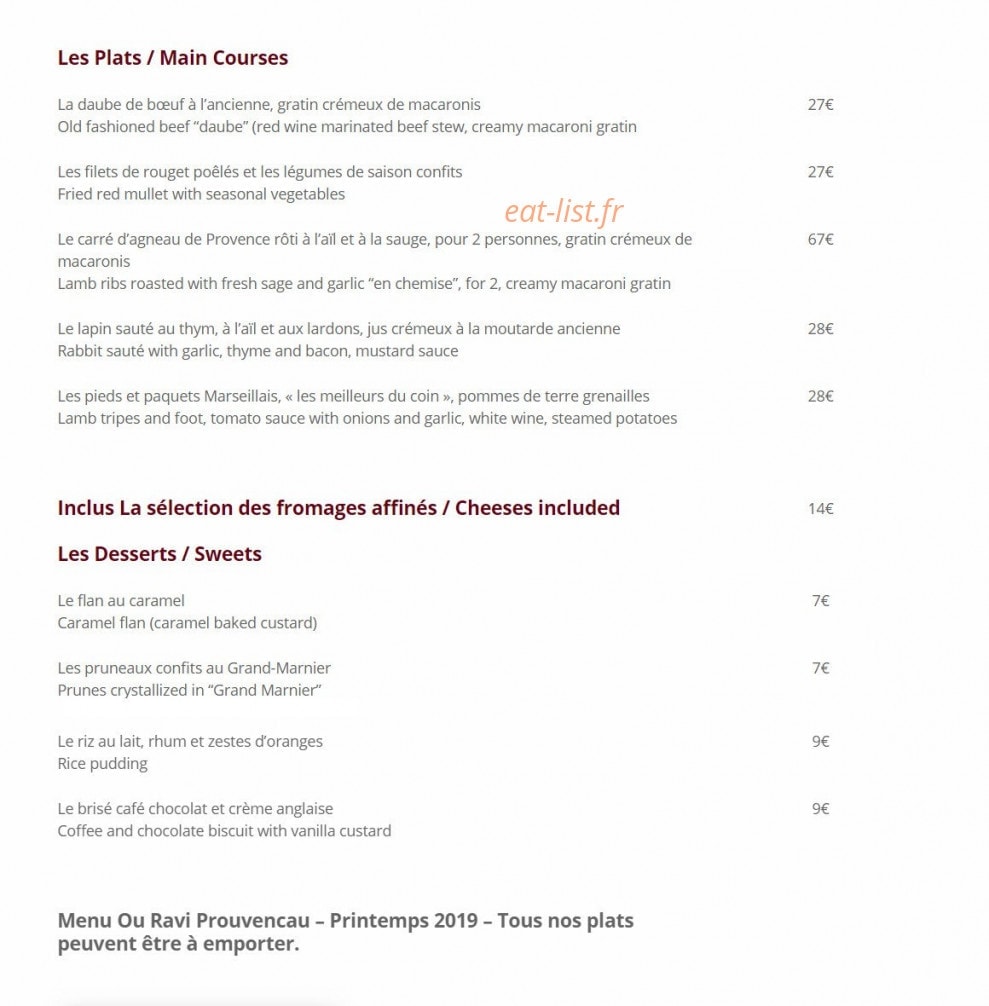Carte et menu de Ou Ravi Prouvencau à Maussanne les Alpilles — Les plats et desserts