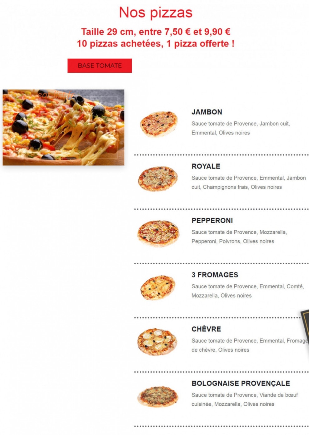 Pizza Corner — carte page 1