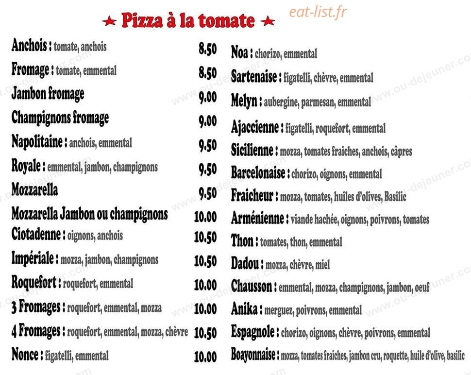 Pizza Tafa — carte page 1