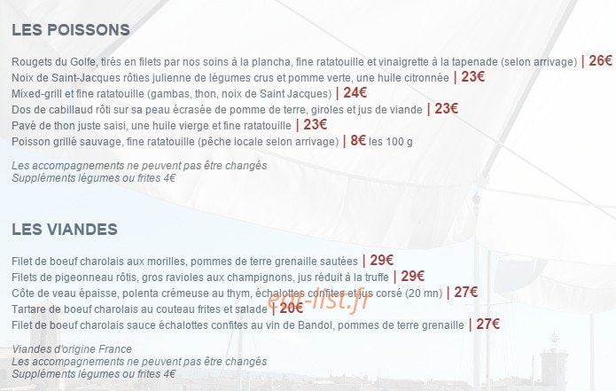 Carte et menu de Au Chantier à La Ciotat — Les poissons, viandes, desserts