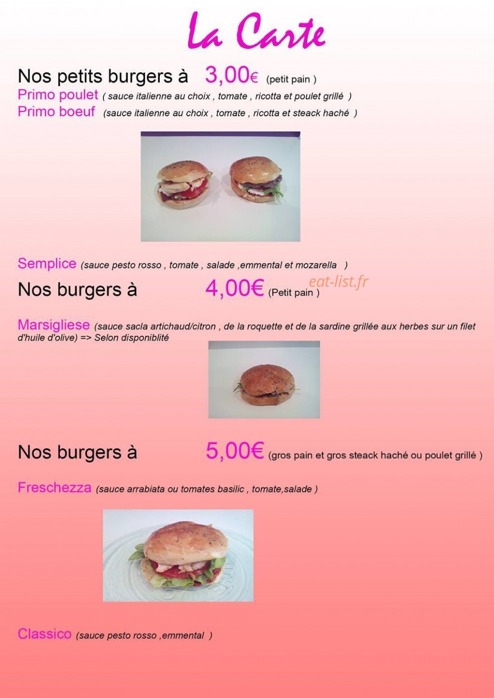 Carte et menu de Banco delle delizie à La Ciotat — Les burgers