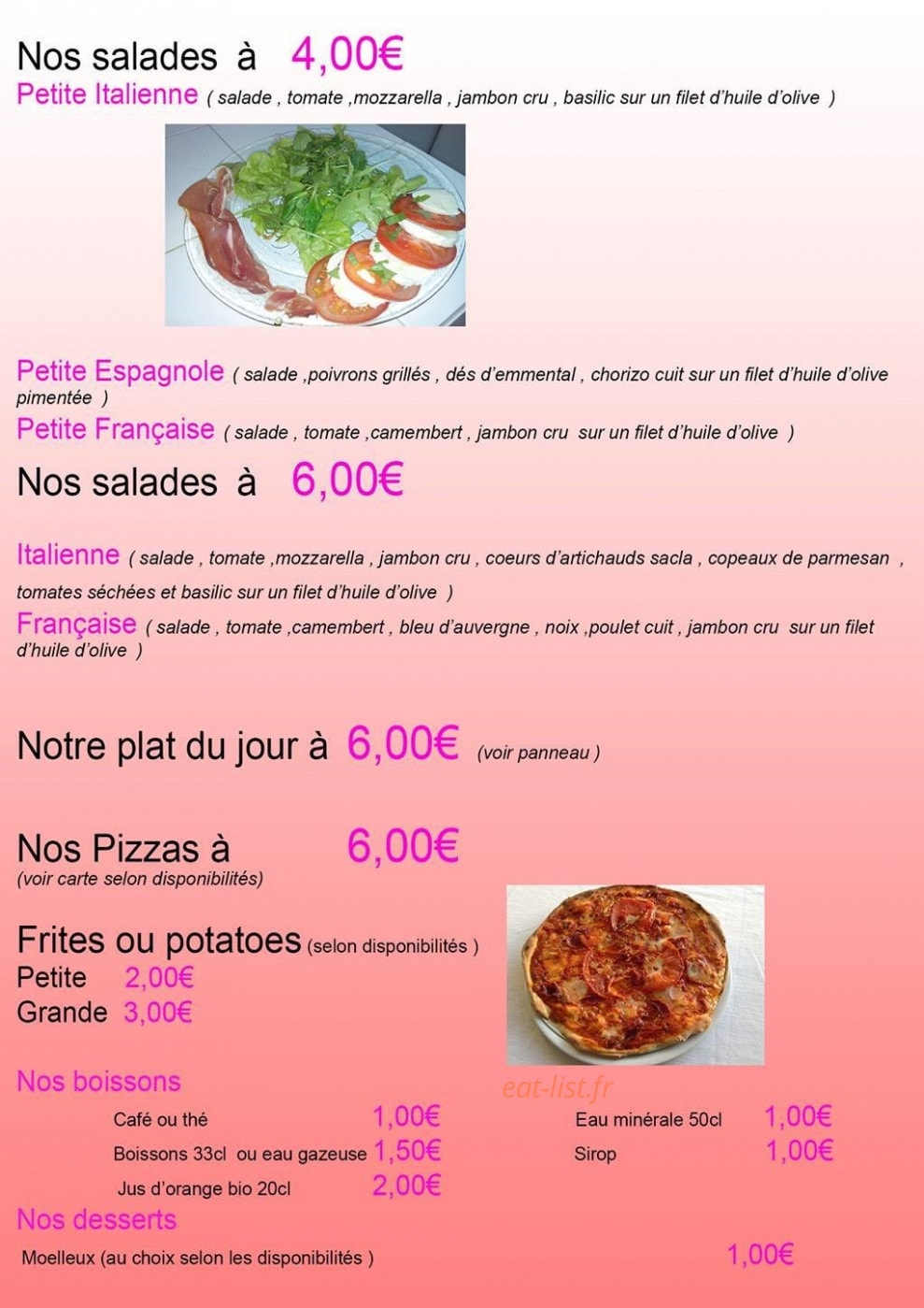 Carte et menu de Banco delle delizie à La Ciotat — Les salades, plats,....