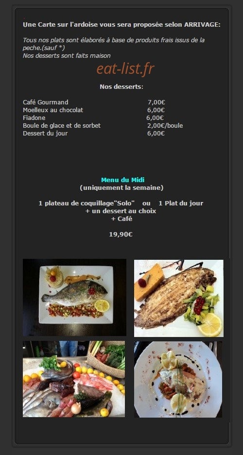 Carte et menu de Coté Mer Coquillages à La Ciotat — Les desserts et menus midi