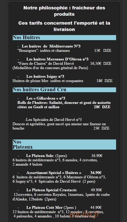 Carte et menu de Coté Mer Coquillages à La Ciotat — Les huîtres et plateaux