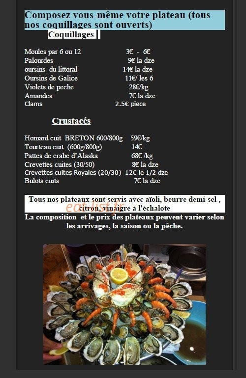 Carte et menu de Coté Mer Coquillages à La Ciotat — Les plateaux composer