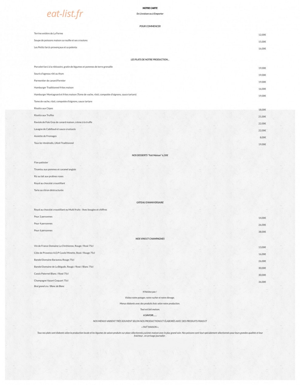 Carte et menu de La Ferme Auberge la baie des anges à La Ciotat — La carte