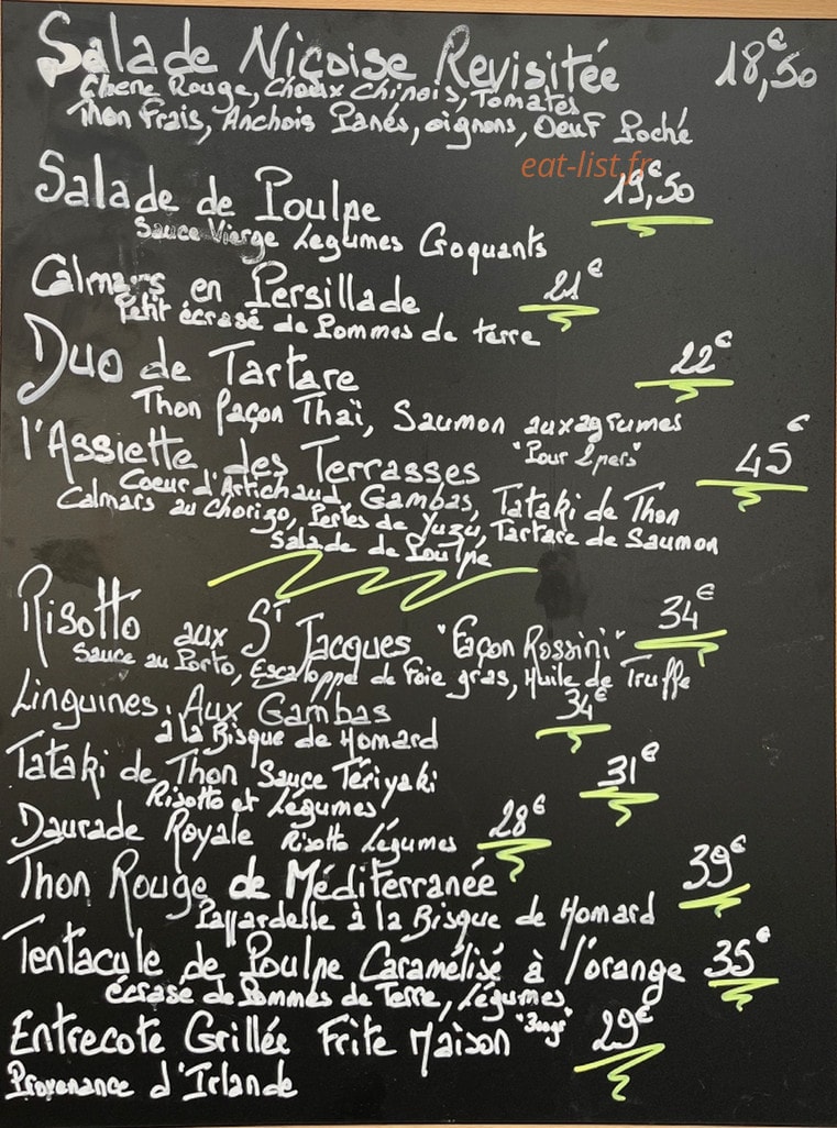 Carte et menu de Les Terrasses De La Mer à La Ciotat — Exemple de menu