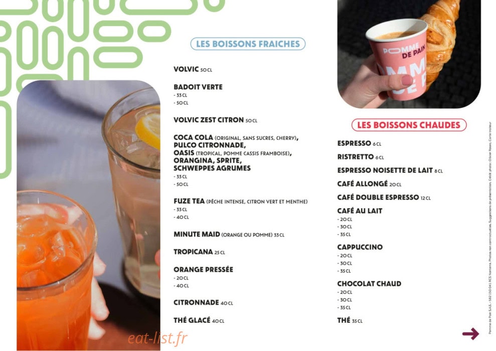 Carte et menu de Pomme de Pain à La Ciotat — Boissons fraiches et boissons chaudes