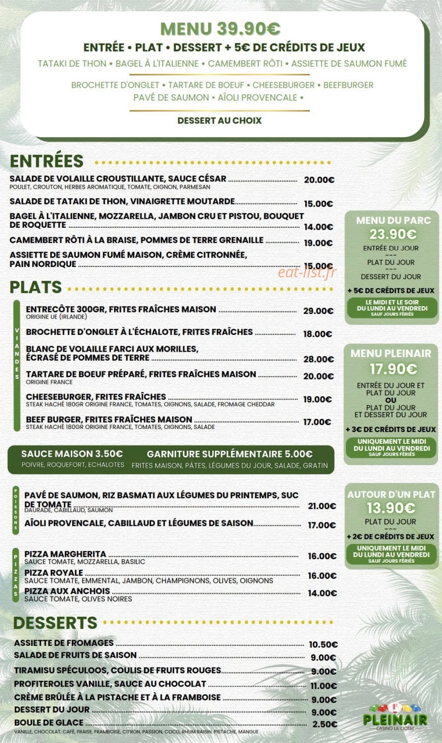 Restaurant Le Mirage — carte page 1