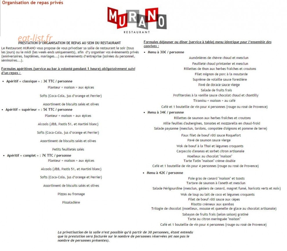Restaurant le Murano — carte page 1