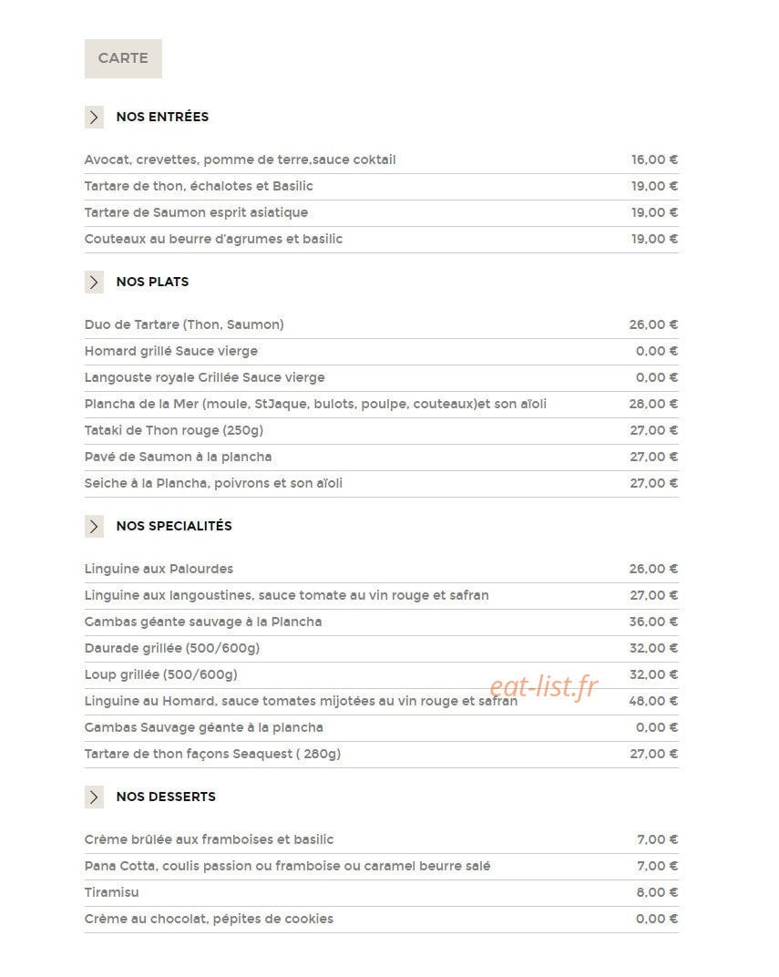 Carte et menu de SeaQuest à La Ciotat — La carte