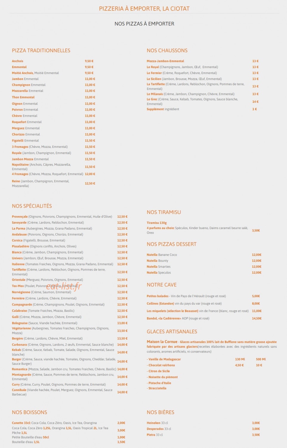 Univers Pizza — carte page 1