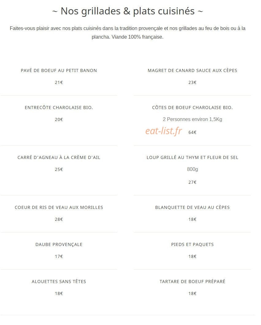 Carte et menu de Auberge Des Savoyants à Le Puy Sainte Reparade — Grillades, plats cuisiniés