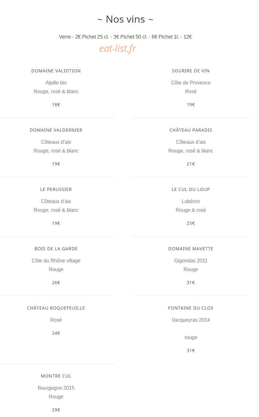 Carte et menu de Auberge Des Savoyants à Le Puy Sainte Reparade — Vins