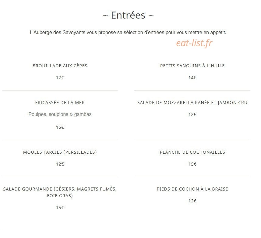 Carte et menu de Auberge Des Savoyants à Le Puy Sainte Reparade — Entrées