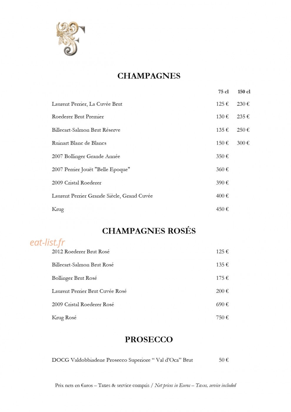 Carte et menu de Château de Fonscolombe à Le Puy Sainte Reparade — Champagnes, prosecco