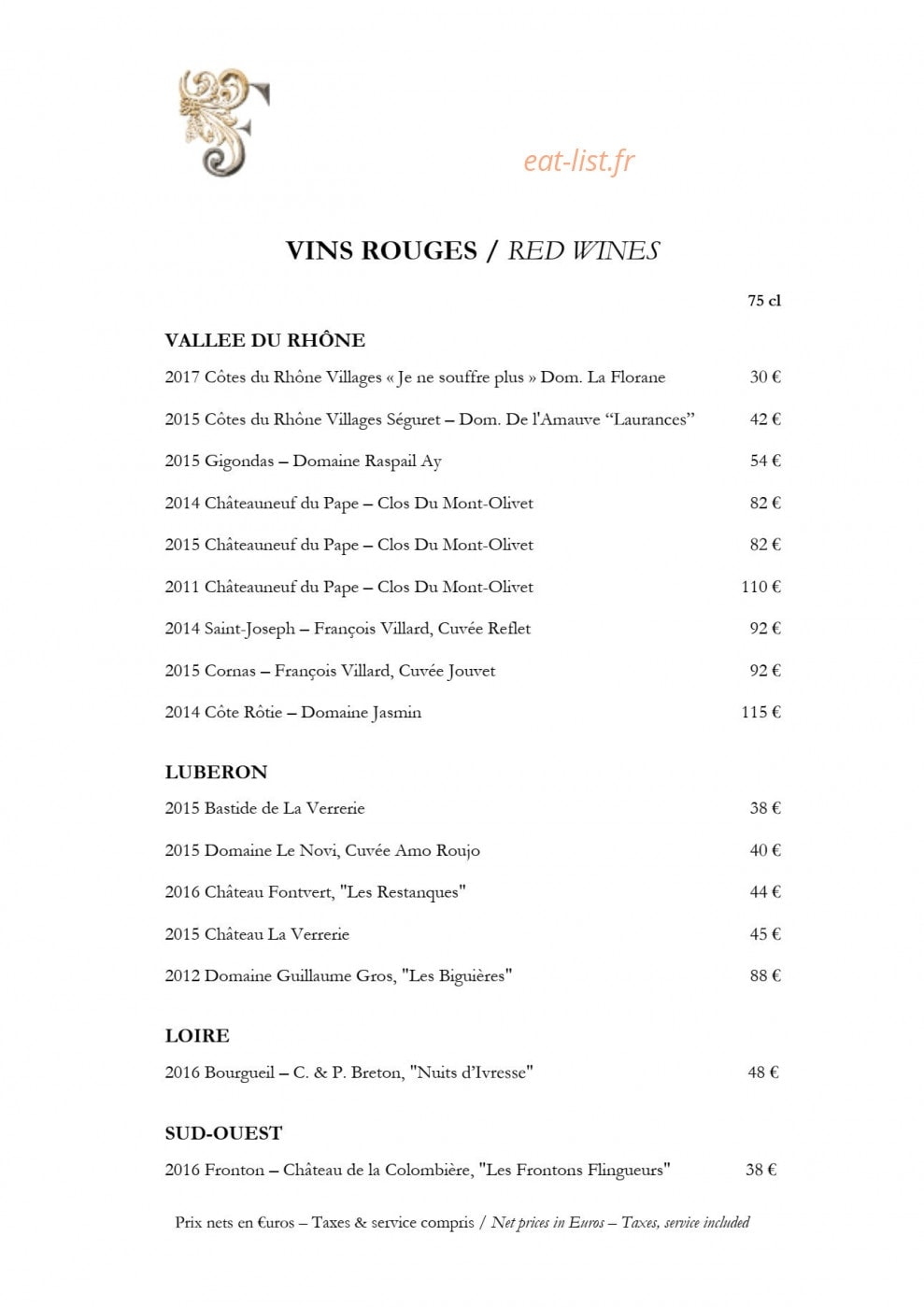 Carte et menu de Château de Fonscolombe à Le Puy Sainte Reparade — Suite vins rouges