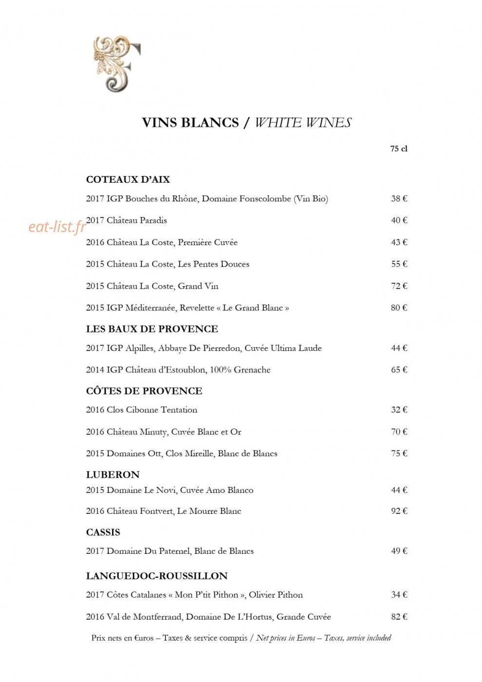 Carte et menu de Château de Fonscolombe à Le Puy Sainte Reparade — Vins blancs