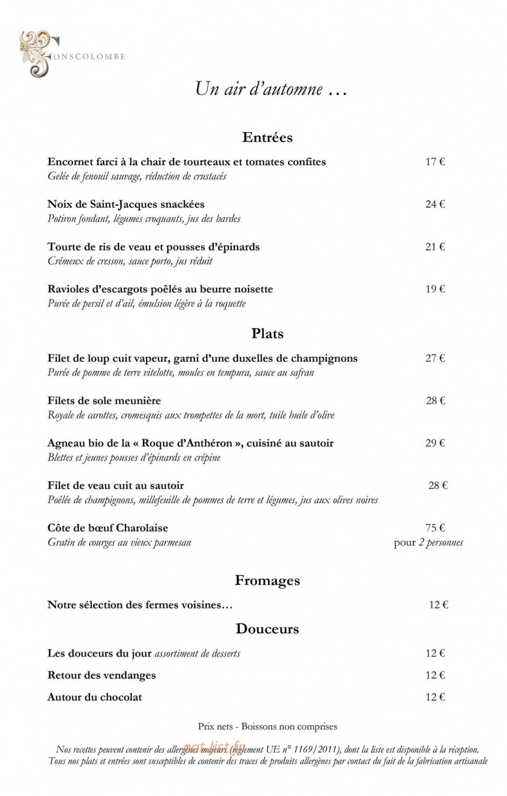Carte et menu de Château de Fonscolombe à Le Puy Sainte Reparade — Entrées, plats, fromages...