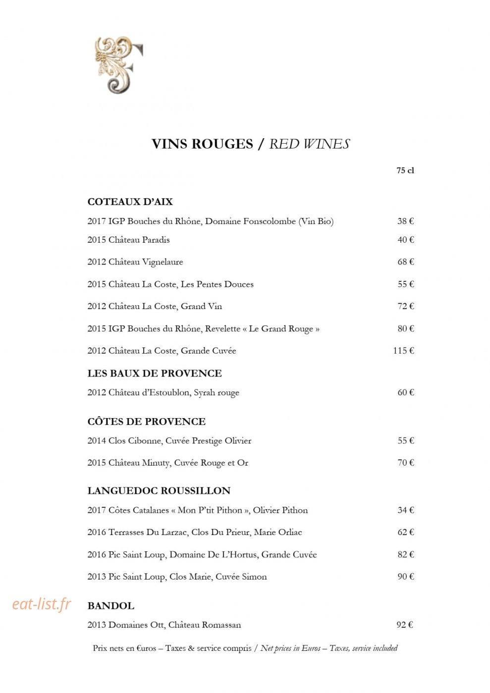 Carte et menu de Château de Fonscolombe à Le Puy Sainte Reparade — Vins rouges