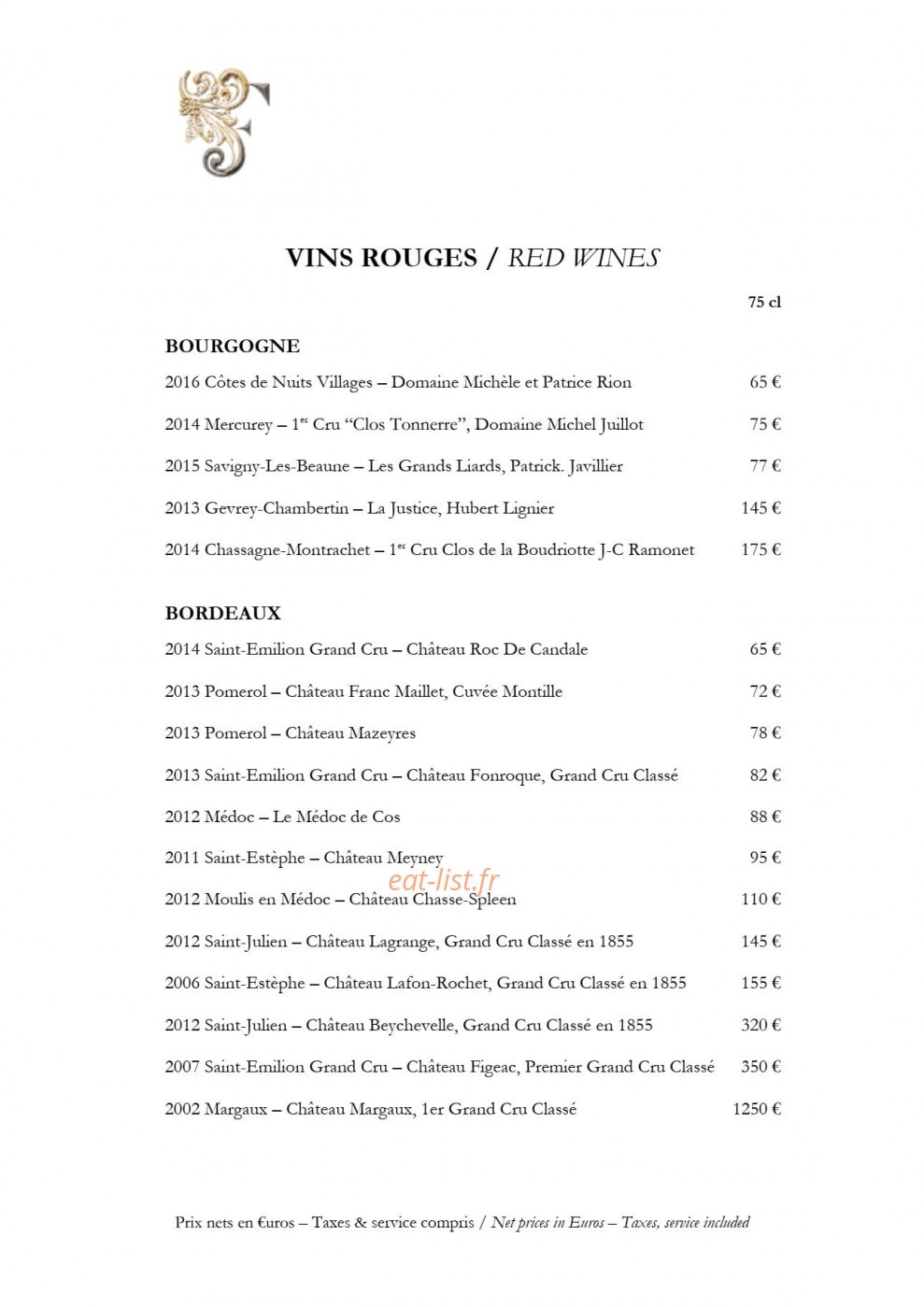 Carte et menu de Château de Fonscolombe à Le Puy Sainte Reparade — Suite vins rouges