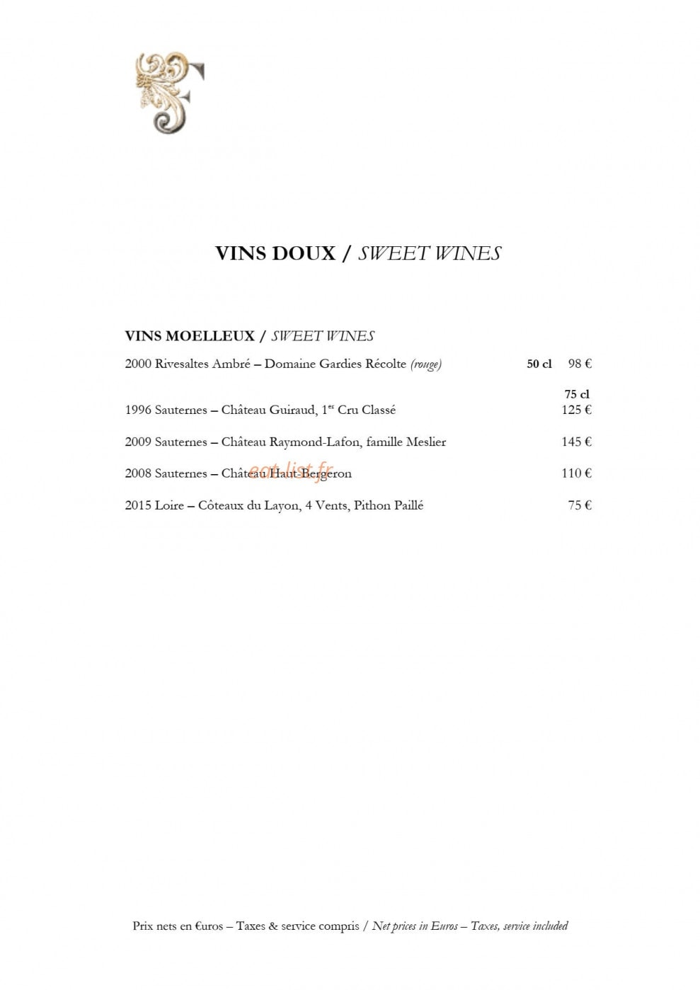 Carte et menu de Château de Fonscolombe à Le Puy Sainte Reparade — Vins doux
