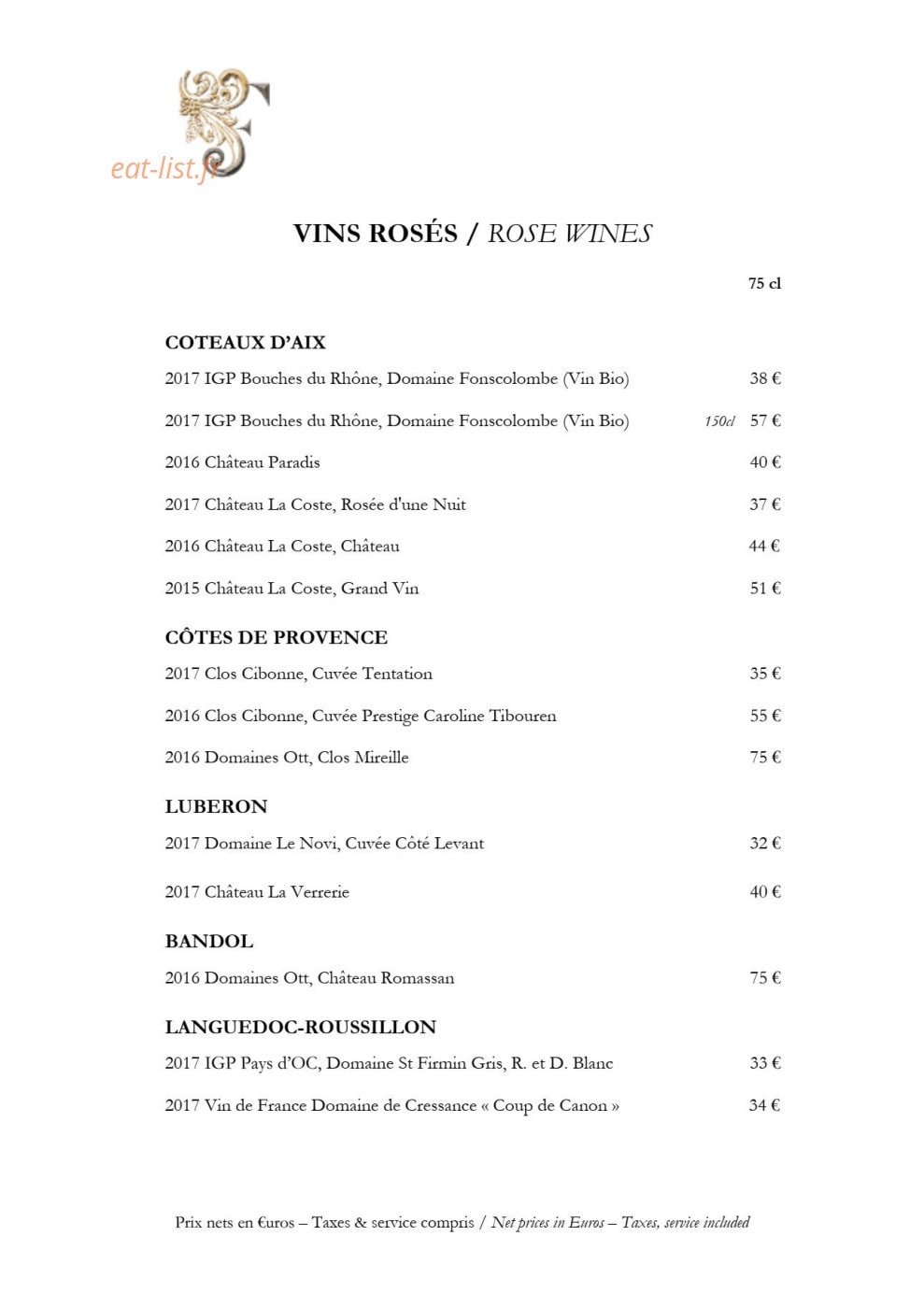 Carte et menu de Château de Fonscolombe à Le Puy Sainte Reparade — Vins rosés