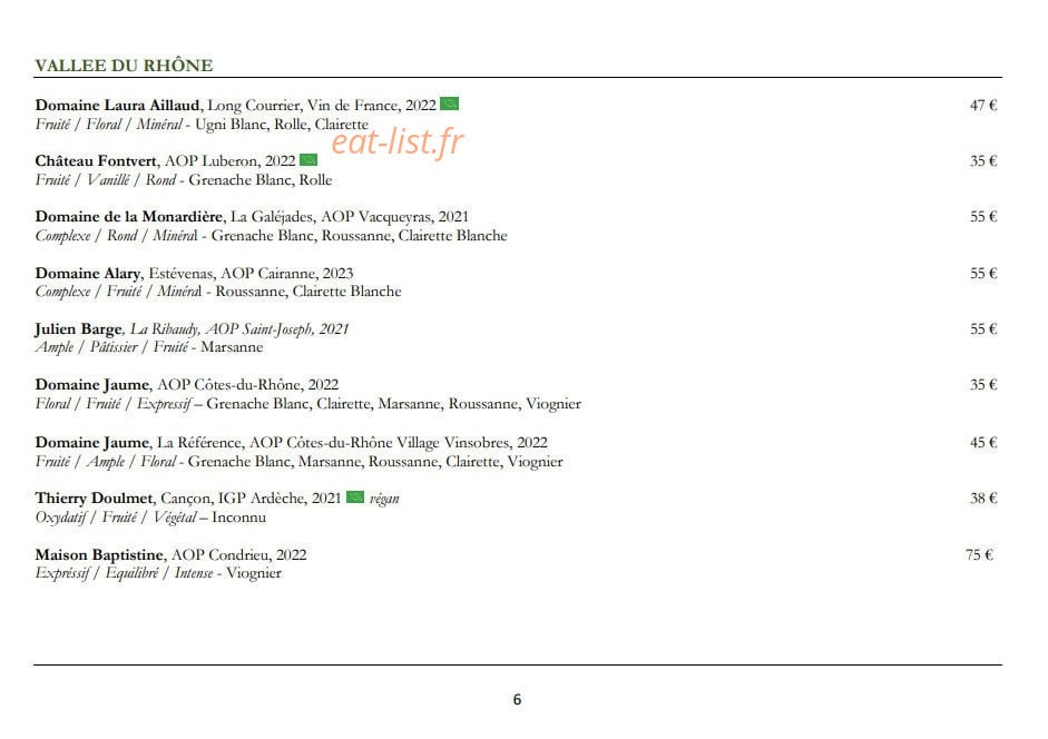 Carte et menu de La Petite Verrière à Le Puy Sainte Reparade — Les vins blancs page 3