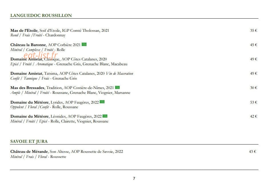 Carte et menu de La Petite Verrière à Le Puy Sainte Reparade — Les vins blancs page 4