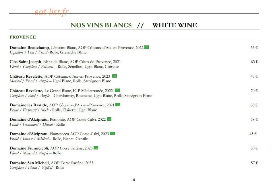 Carte et menu de La Petite Verrière à Le Puy Sainte Reparade — Les vins blancs