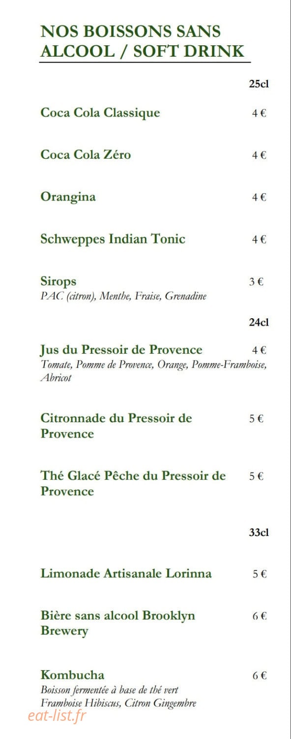 Carte et menu de La Petite Verrière à Le Puy Sainte Reparade — Les boissons sans alcool