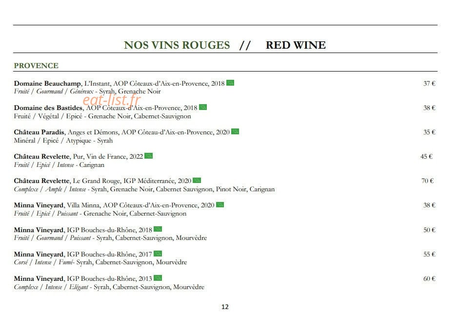 Carte et menu de La Petite Verrière à Le Puy Sainte Reparade — Les vins rouges