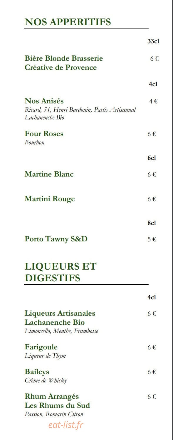 Carte et menu de La Petite Verrière à Le Puy Sainte Reparade — Les apéritifs, liqueurs et digestifs
