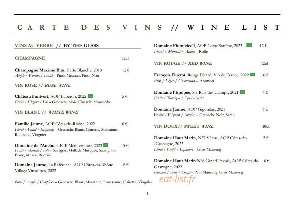 Carte et menu de La Petite Verrière à Le Puy Sainte Reparade — Les vins au verre