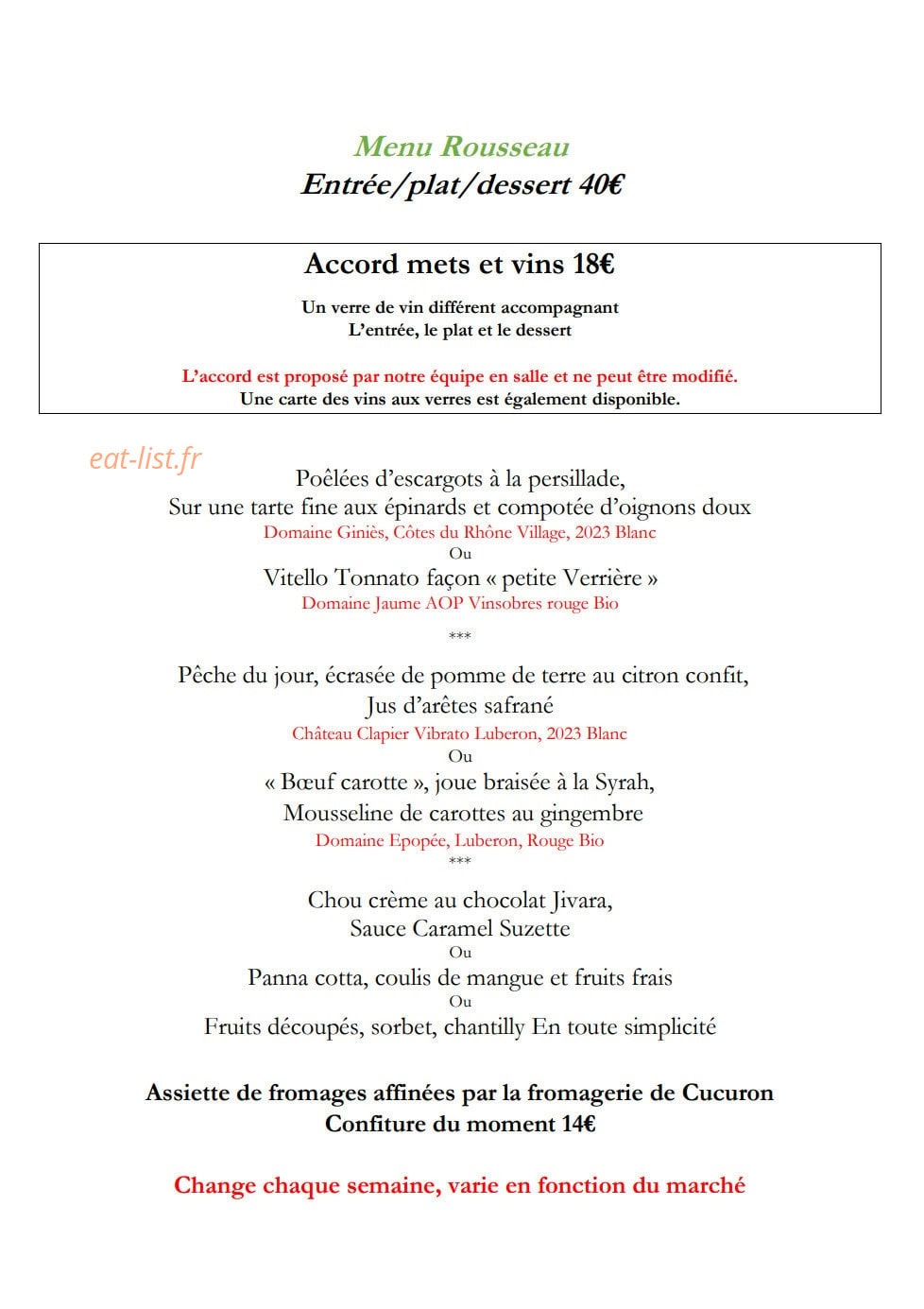 Carte et menu de La Petite Verrière à Le Puy Sainte Reparade — Menu rousseau