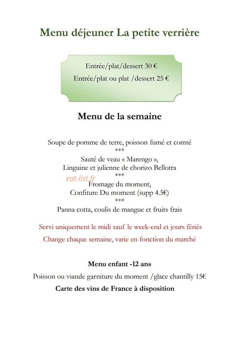 Carte et menu de La Petite Verrière à Le Puy Sainte Reparade — Menu déjeuner