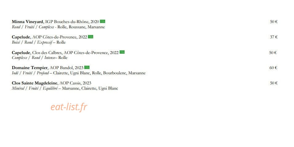 Carte et menu de La Petite Verrière à Le Puy Sainte Reparade — Les vins blancs page 2