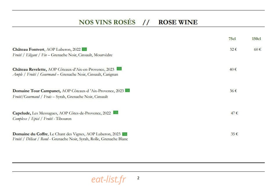 Carte et menu de La Petite Verrière à Le Puy Sainte Reparade — Les vins rosés