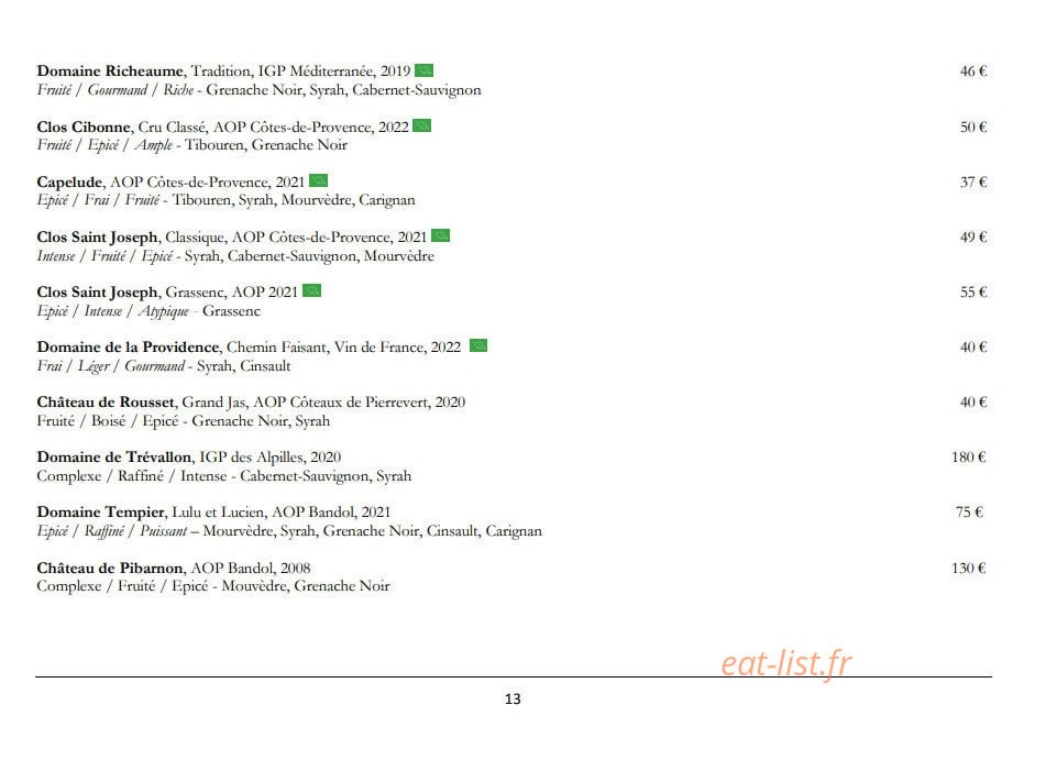 Carte et menu de La Petite Verrière à Le Puy Sainte Reparade — Les vins rouges page 2