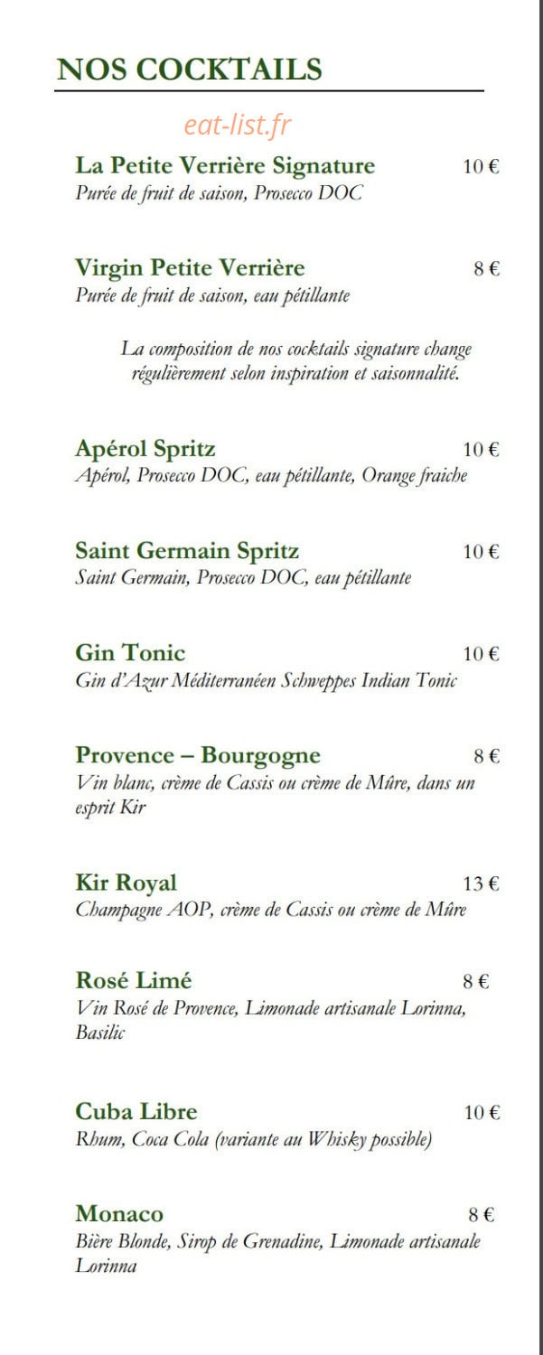 Carte et menu de La Petite Verrière à Le Puy Sainte Reparade — Les cocktails