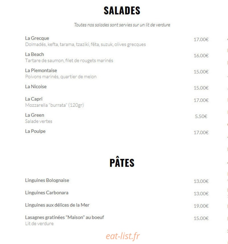Le Beach café — carte page 1
