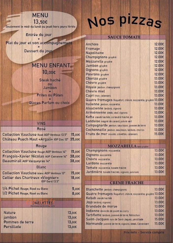 Carte et menu de Pizzeria du Fournil 2 à Saint Andiol — Les pizzas, vins, ...