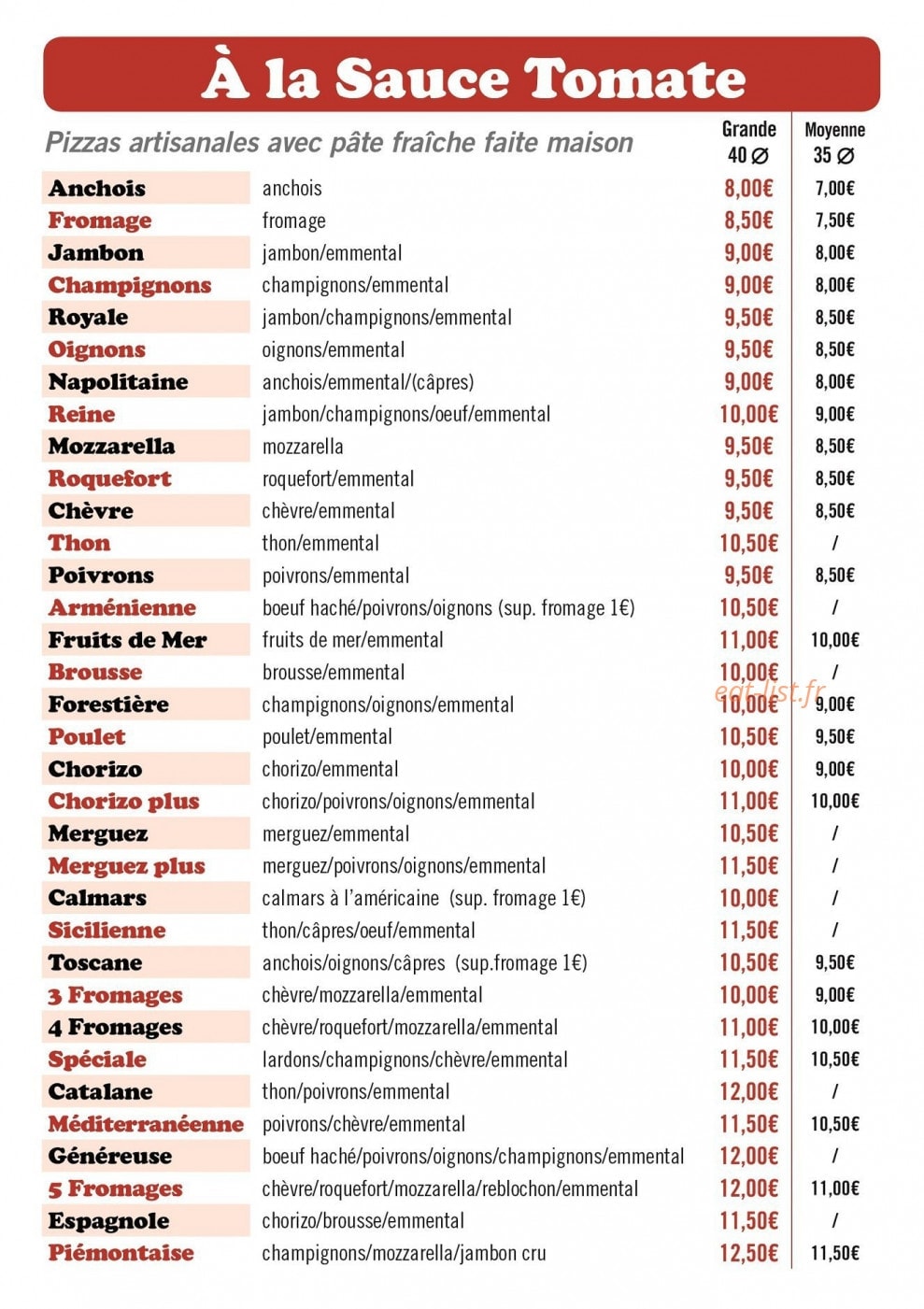 A Quoi Pizza — carte page 1