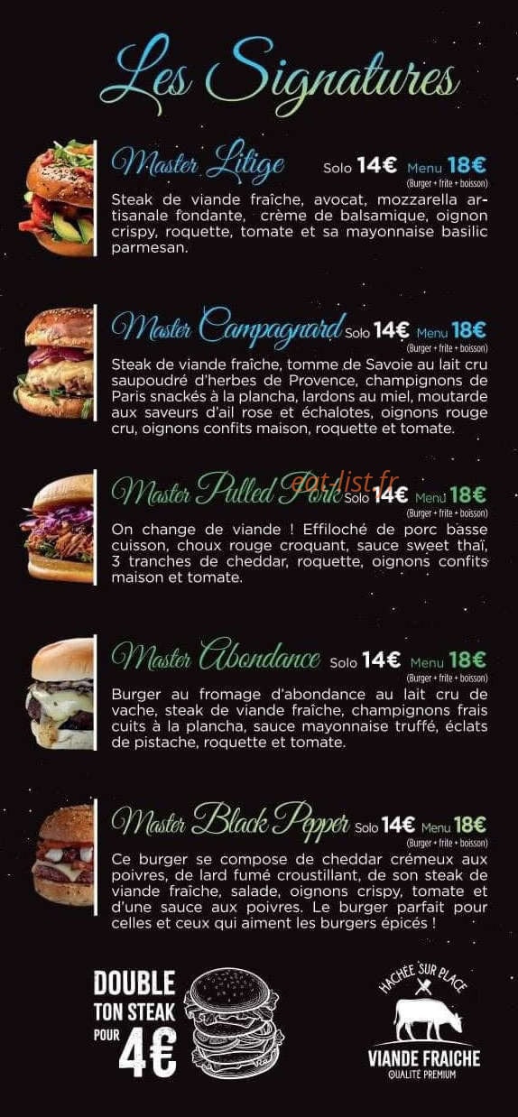 Master Burger — carte page 1