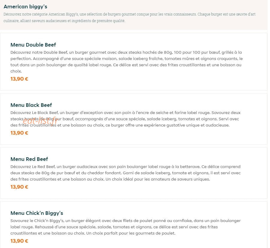 Biggy's Burgers — carte page 1